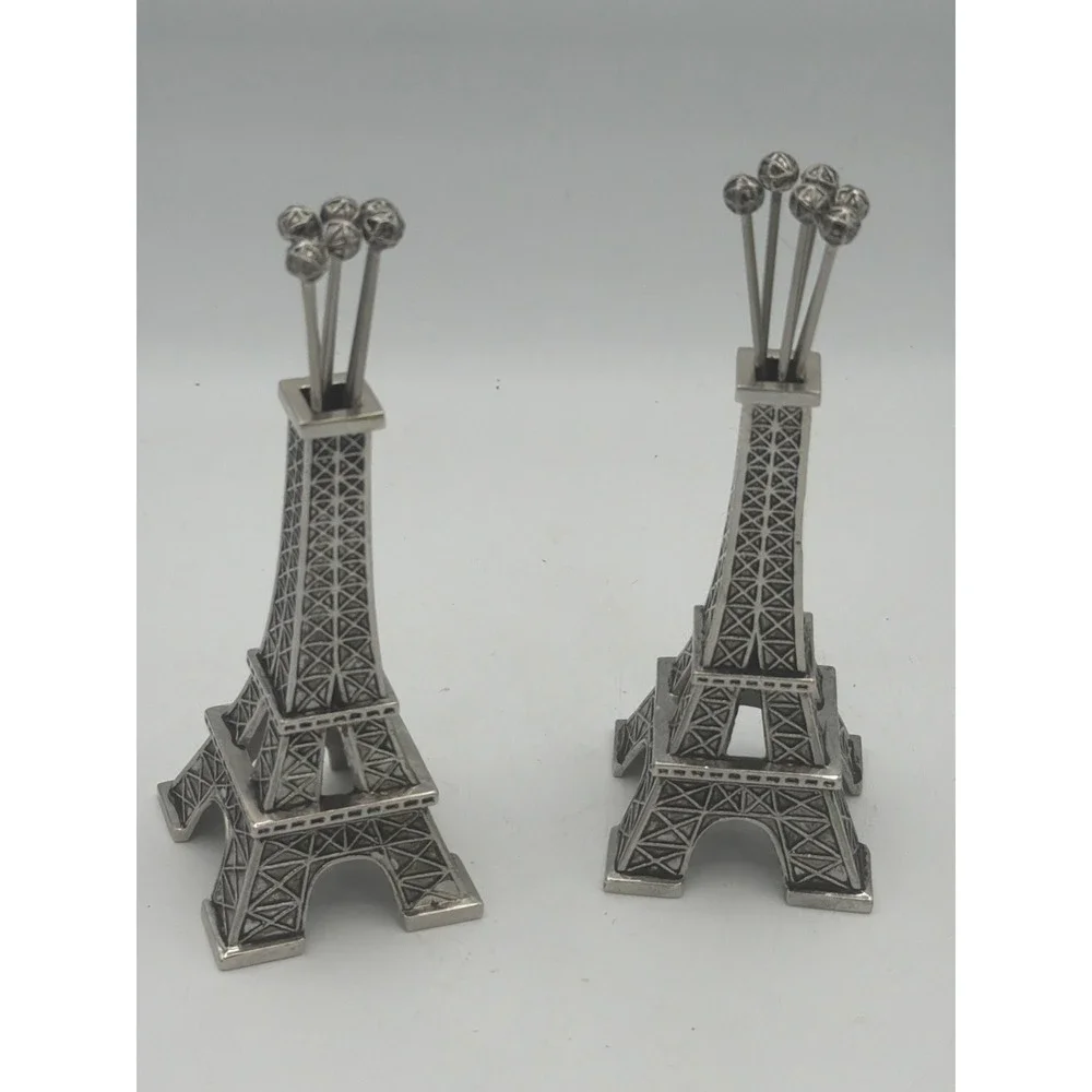 Vintage Eiffel Tower Cocktail Pick Set Silver Metal Paris Barware 2 Holders 12pc